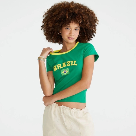 Aeropostale Tops - Aeropostale Green Seriously Soft Brazil Graphic Ringer Baby Tee